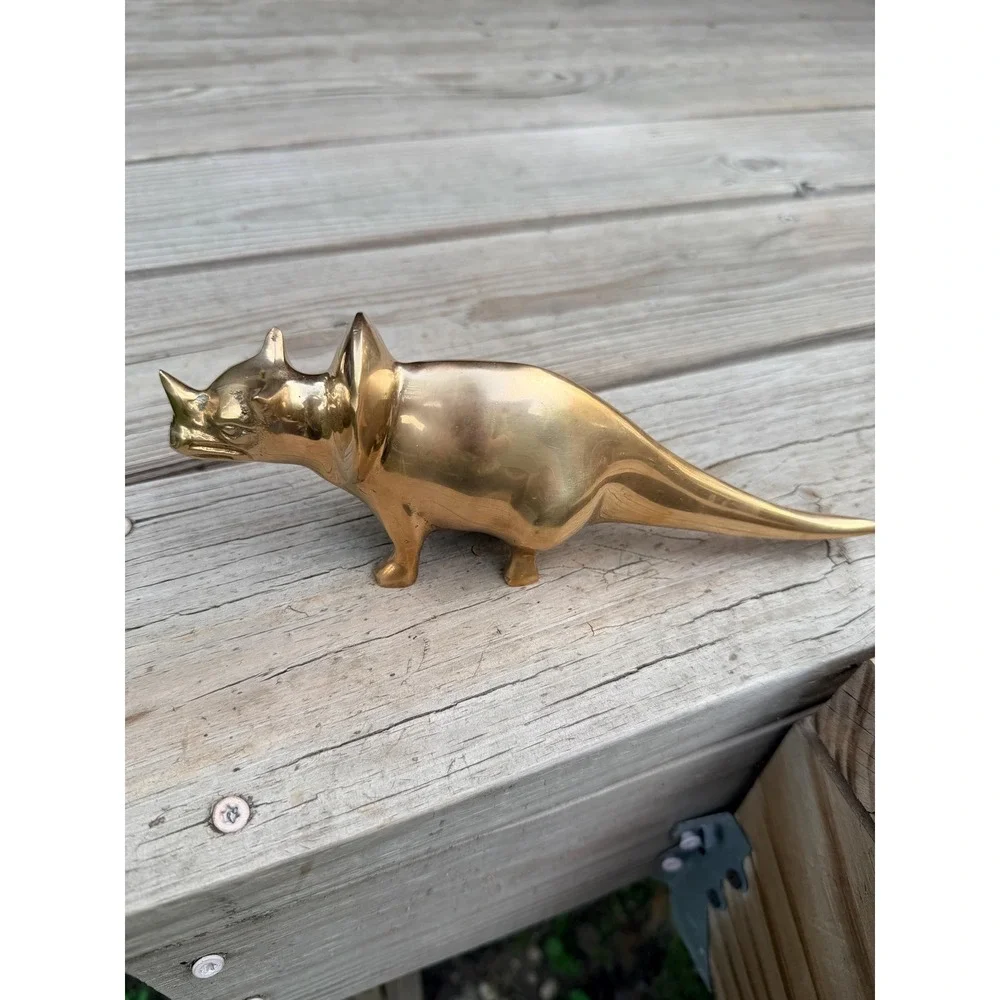 Solid Brass Triceratops Figurine | Vintage Korean Dinosaur Sculpture, Dark Acade
